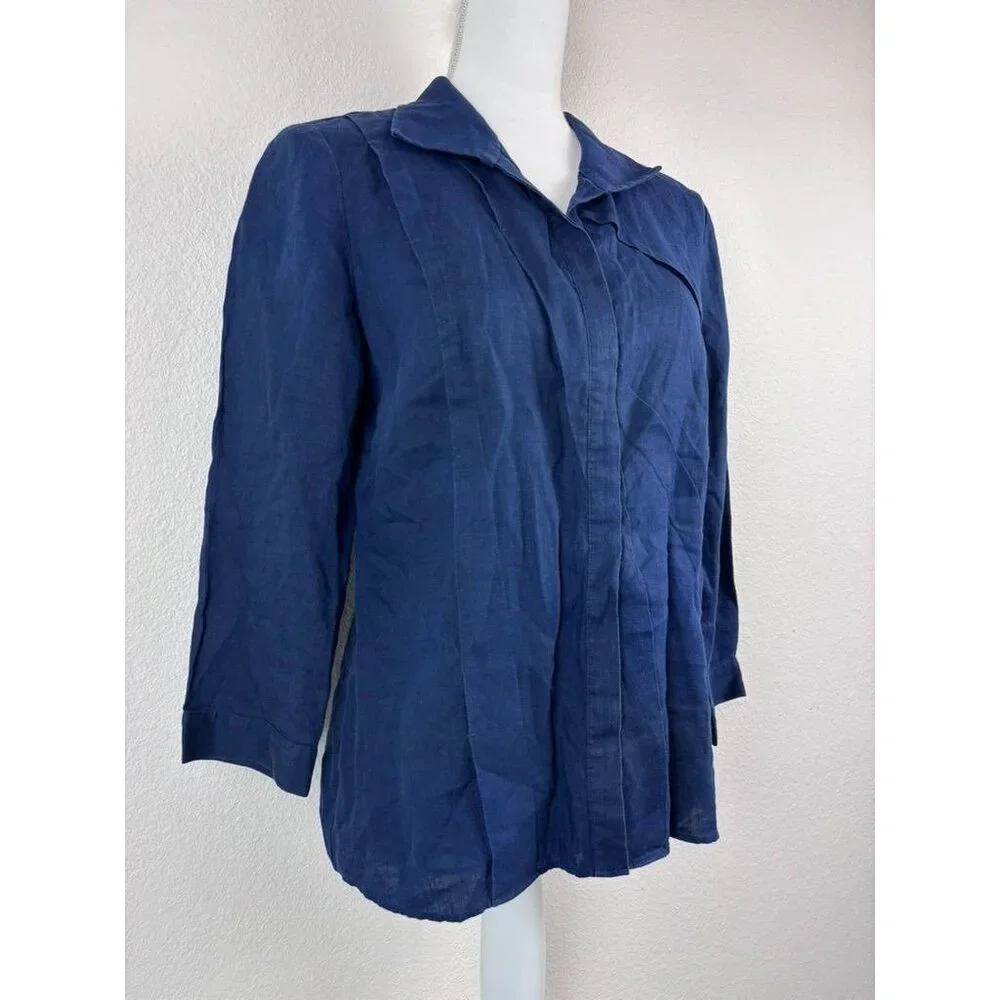 Lafayette 148 women's 6 navy blue linen pleated collared button down 3/4 sleeve - Picture 4 of 9